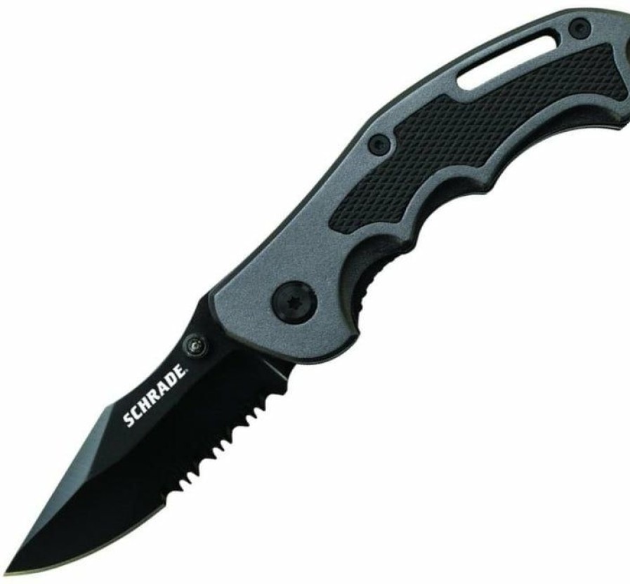 Blade * | Affordable Price Schrade Sch210S Liner Lock Folding Knife W/ Partially Serrated Clip Point Blade, Gray Aluminum Handle