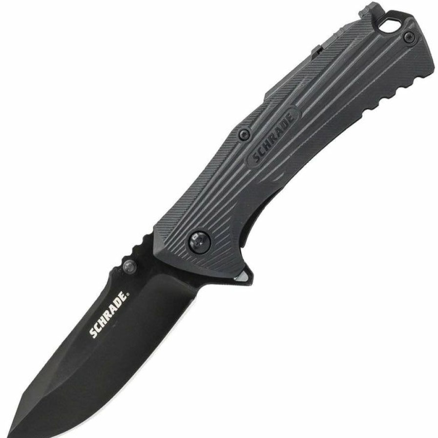 Blade * | Affordable Price Schrade U.G. Folding Knife, 3.43 Black Blade, Rubber Handle, Firestarter 1100046